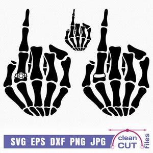 May include: Two black skeleton hands giving the middle finger, with a ring on the index finger of each hand.