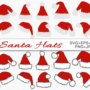 May include: A set of 18 red and white Santa hats with a fluffy white trim. The hats are in various positions, some are upright, some are tilted, and some are sideways. The hats are perfect for crafting, scrapbooking, or adding a festive touch to your holiday decor.