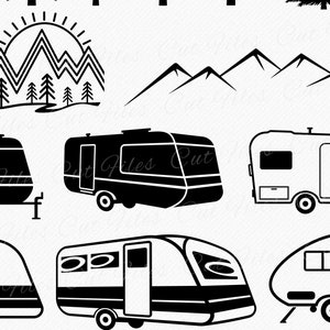 May include: Black and white silhouette illustrations of a camper trailer, mountains, and a sun rising over mountains. The camper trailer is shown in various styles and angles.