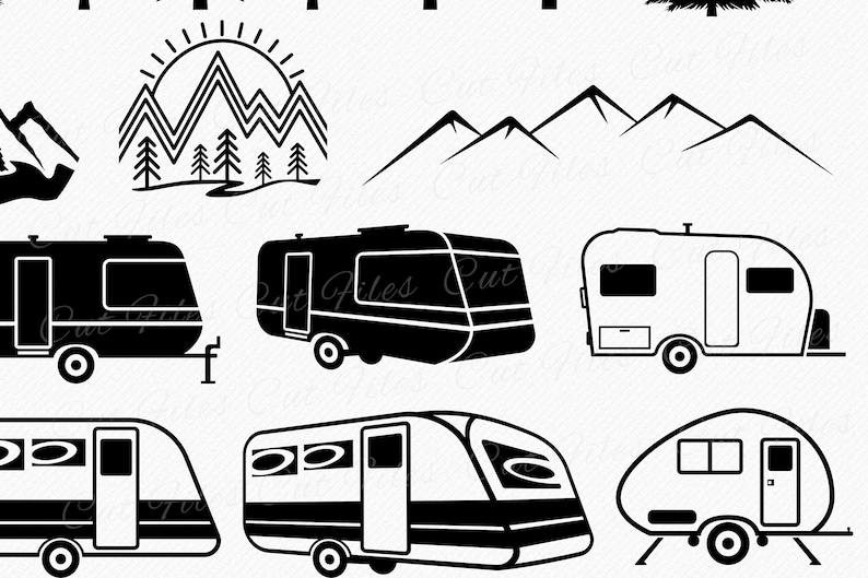 May include: Black and white silhouette illustrations of a camper trailer, mountains, and a sun rising over mountains. The camper trailer is shown in various styles and angles.