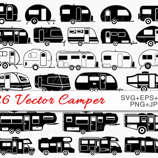 Camper SVG Bundle, Trailer vector and Clipart files, Camping svg, RV SVG Cutting and Clip Art designs | Vacation Trip - commercial use svg