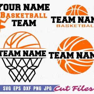 Pode incluir: Três designs de basquetebol para um nome de equipa. O primeiro design apresenta uma silhueta de um jogador de basquetebol a fazer um afundanço com o texto "YOUR NAME BASKETBALL TEAM". O segundo design apresenta uma bola de basquetebol com o texto "TEAM NAME BASKETBALL". O terceiro design apresenta uma bola de basquetebol com uma rede e o texto "TEAM NAME TEAM NAME".