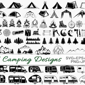 May include: A set of 71 black and white camping-themed SVG, EPS, DXF, PNG, and JPG designs. The designs include tents, campfires, trees, mountains, a compass, an axe, a moon, and a camper van.