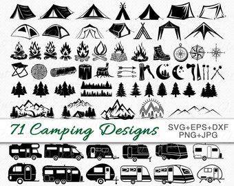 Camping SVG Bundle | Camper SVG | Camping Clipart Designs | Summer, Campfire, Tent, Camper, Caravan, Pine Tree, Mountain Scene, cutting file