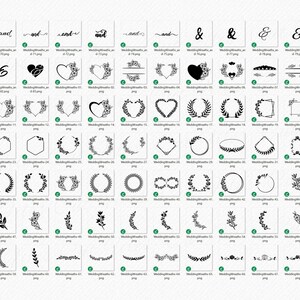 May include: A set of 67 black and white wedding wreath and floral clipart images. The images include wreaths, floral arrangements, hearts, ampersands, and the word "and" in various styles.