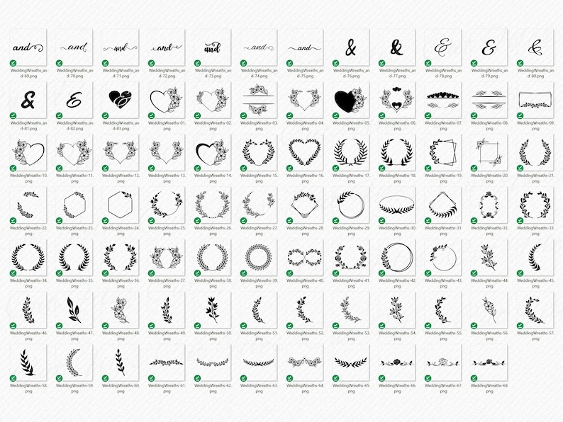 May include: A set of 67 black and white wedding wreath and floral clipart images. The images include wreaths, floral arrangements, hearts, ampersands, and the word "and" in various styles.