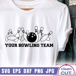 May include: White t-shirt with a black and white graphic of bowling pins and a bowling ball. The text "Your Bowling Team" is printed below the graphic.
