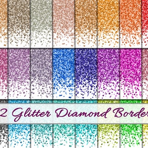 May include: 32 glitter diamond borders in various colors, including gold, silver, red, blue, green, purple, and pink. The borders are made of small, sparkly diamonds.