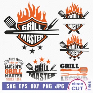 May include: A set of six digital cut files for crafting projects. The files feature a grill master theme with flames, stars, and grilling tools. The text includes "Grill Master", "Grill Legend", and "This is what an awesome grill master looks like".