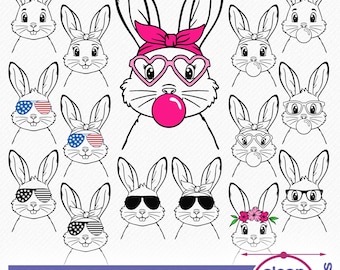 Bunny SVG Cute Line Drawing of Bunny Face with bandana, gum bubble, glasses, ears – Easter design – eps, png, dxf, svg for cricut silhouette