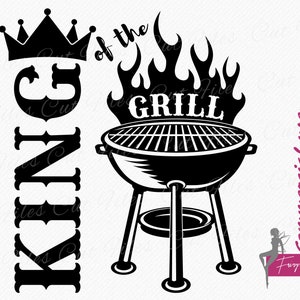 May include: Black and white silhouette of a grill with flames and the text "King of the Grill".