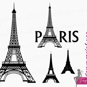 May include: A set of five black and white silhouette images of the Eiffel Tower in Paris, France. The images are in various sizes and orientations. The word "PARIS" is written in black text below the Eiffel Tower in one of the images.