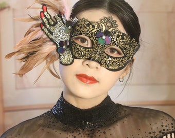 Halloween Mask,golden lace carnival mask,singer mask,birthday party,feather mask,carnival Masks,masquerade mask,masked ball,TK live mask