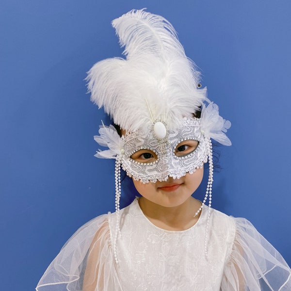 kids halloween face mask,white pink feather mask,children's day gifts mask,catwalk,aestheticism,flower chain lace mask,tassels,masquerade
