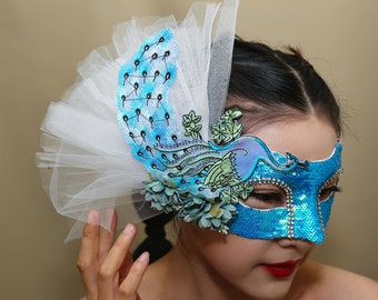 Masque de paon bleu pour fête d'Halloween, décoration latérale à paillettes