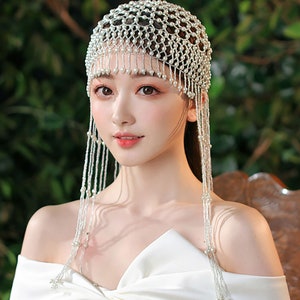 Cléopâtre Style Casquette De Tête Blanche Perle Casque Tête Bijoux Coiffe De Mariée Accessoire De Cheveux Mariage Cheveux Dos Gland Photo Rétro Modèle Party