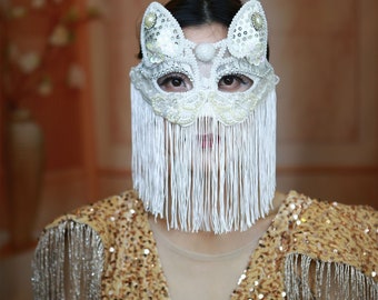 Funny Cartoon Halloween Party White Mask,Tassel cat mask,mardi gras mask women,costume mask,party face mask,Full face animal mask,masquerade