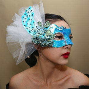Masque de paon bleu pour fête d'Halloween, décoration latérale à paillettes image 6
