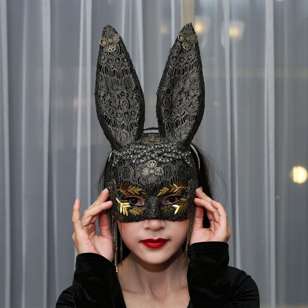 Golden lace sequin rabbit exaggerated mask performance stage Halloween prom Christmas court party female mask
