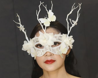 Masque de branche de papillon blanc, masque de fête d’Halloween, masque exagéré, masque de chanteur, masque esthétique, bal masqué, masque mystérieux, masque de mascarade