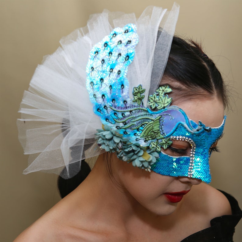 Masque de paon bleu pour fête d'Halloween, décoration latérale à paillettes image 4
