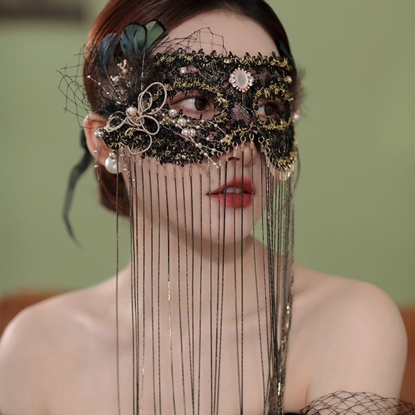 Lace tassel carnival party masquerade Halloween fashion mask feather rhinestone