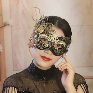 black mask, branch mask,golden lace,birthday party mask,retro mask,sequin beads mask,halloween mask,masked ball,bar mask