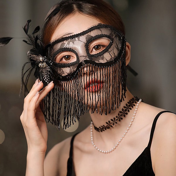 Masquerade mask,black  mask, adult dance yarn flower lace mask, Christmas mask,tassel mask