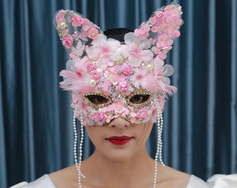 Pink mask girl, Halloween Party Masquerade Ball rabbit ear mask, carnival, dance sweet lovely, Flower, lace, pearl, beaded Princess