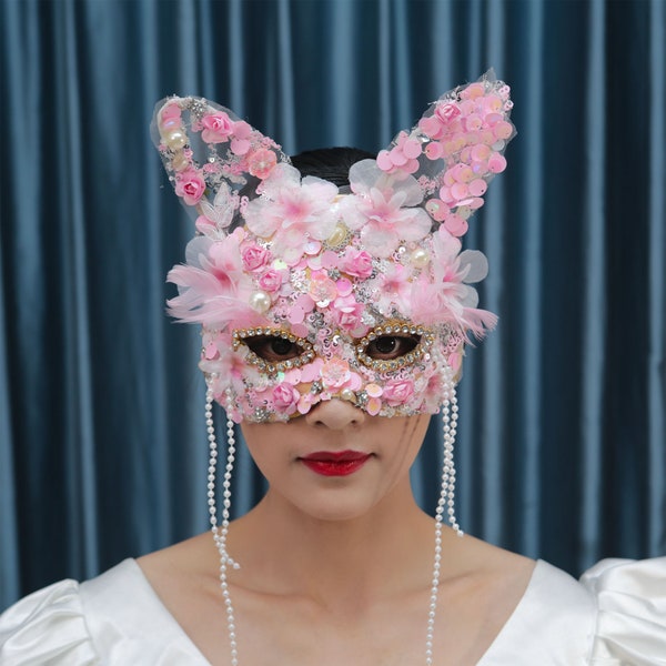 Pink mask girl, Halloween Party Masquerade Ball rabbit ear mask, carnival, dance sweet lovely, Flower, lace, pearl, beaded Princess