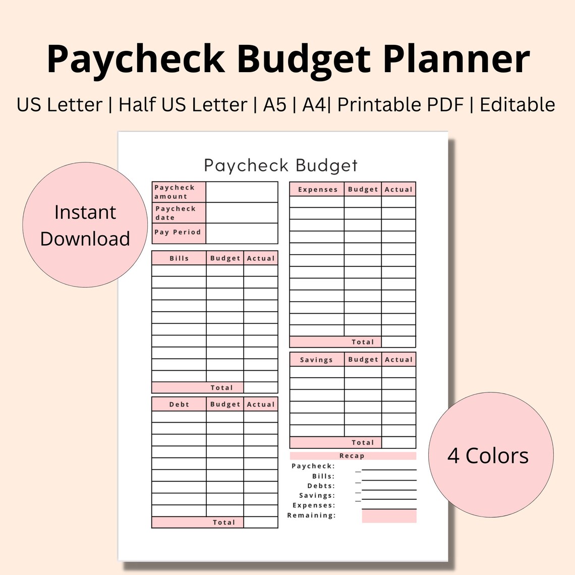 Paycheck Budget Planner Paycheck Planner Printable PDF Finance Tracker