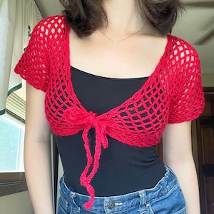 Crochet Red Mesh Short-Sleeve Cardigan | Cute Cover Up Lace Shrug Women Teen Gift Valentine’s Day Elegant Shirt Handmade