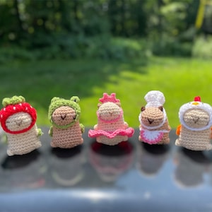 May include: Five crocheted stuffed animals wearing different costumes. The animals are wearing a strawberry, a frog, a princess dress, a chef hat, and a chicken costume.