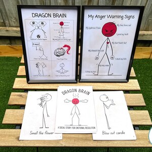 Può includere: Tre poster incorniciati neri con il titolo "Dragon Brain" e "My Anger Warning Signs". I poster sono su un tavolo di legno con tre fogli di carta bianca con il titolo "Dragon Brain" e il testo "A Social Story for Emotional Regulation". I fogli di carta hanno illustrazioni di un omino che annusa un fiore, un omino con la faccia rossa e un omino che soffia una candela.