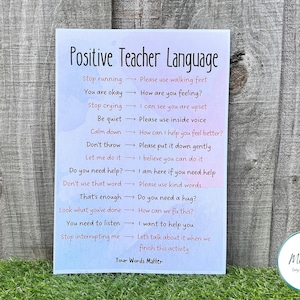 May include: A blue and pink poster with the title "Positive Teacher Language". The poster lists phrases to use in place of negative or corrective language when working with children. For example, instead of saying "Stop running", the poster suggests saying "Please use walking feet".