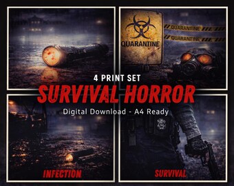 Survivalhorror-muurkunstset – infectie, uitbraak, inperkingsafdrukken resident-stijl (digitale download)