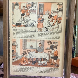 Genuine 1950s Vintage Print - Two Double Sided Pages in a Perspex Double Sided Frame. Beach Print, Comic, and Sooty and Sweep.