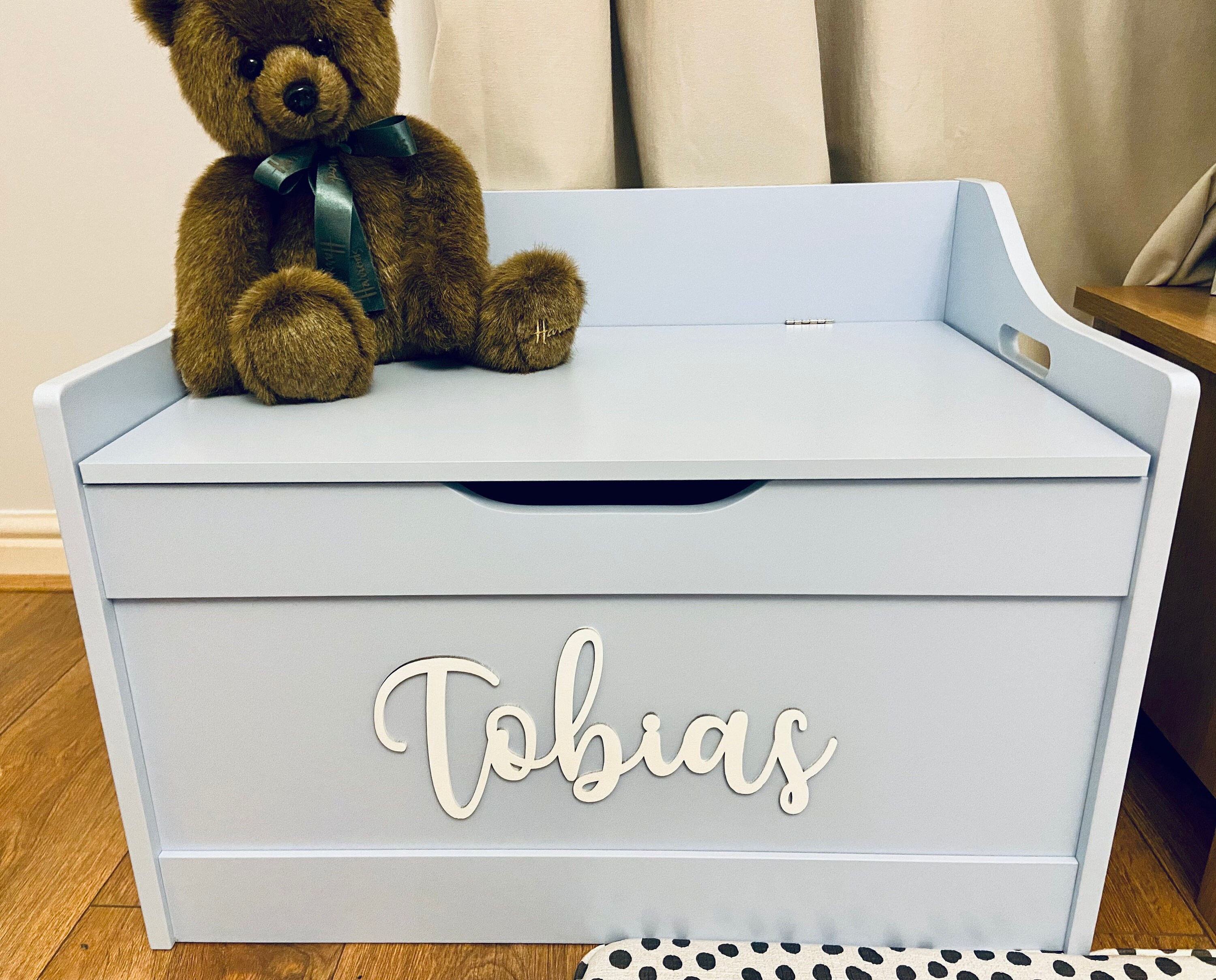 Personalised Blue Toy Box With White Letters Etsy UK