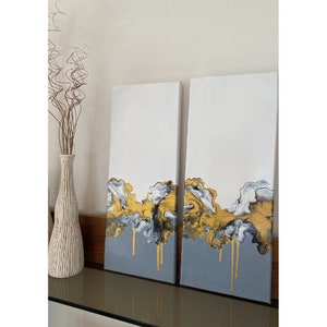 Modern acrylic painting &quot;Treasure&quot; hand-painted, streched canvas, diptych in gray and gold