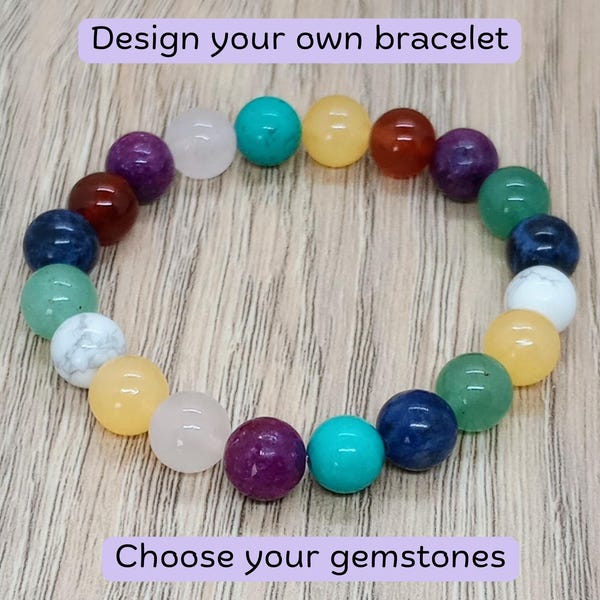 Design your own crystal healing bracelet, choose your gemstones, add a charm, unique jewellery gift