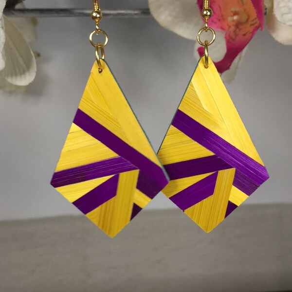 Boucles d'oreilles violettes et jaunes  en marqueterie de paille #27