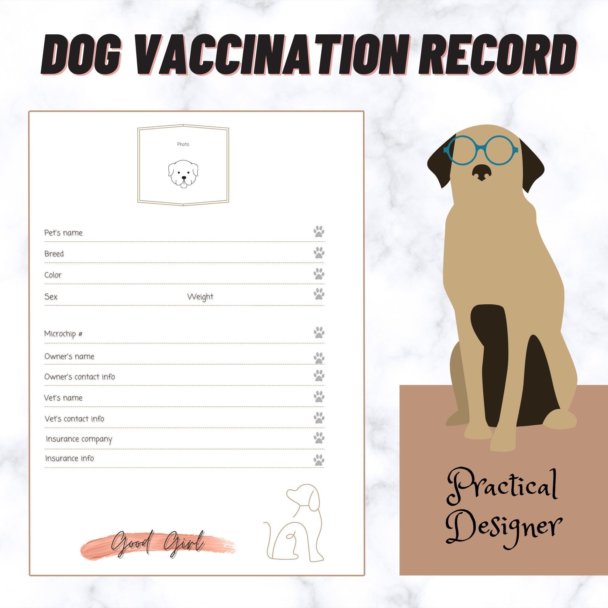 Printable Pet Vaccination Record, Dog Vaccination, Dog Health Care Log Printable Pet Vaccination Record, Dog Vaccination, Dog Health Care Log