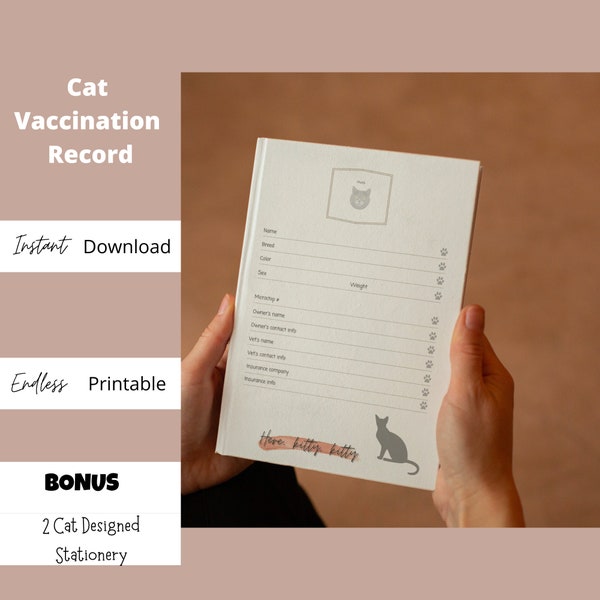 Printable Cat Vaccination Record, Cat Vaccination, Cat Health Care Log, A4 Letter Size, New Kitten Health Record