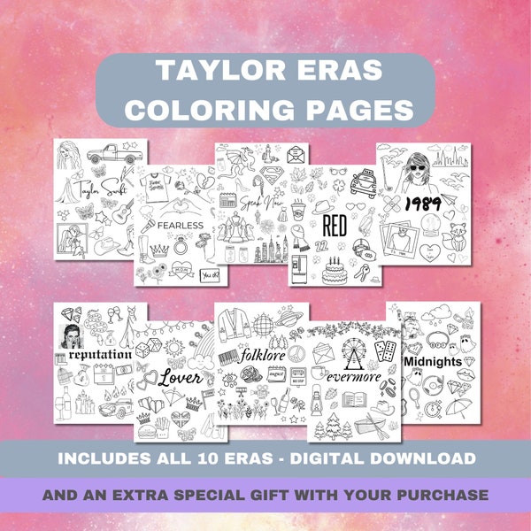 Swiftie Eras Colouring Pages, Taylor Coloring Book, Eras Tour Merch, Eras Coloring Book, Digital Download , Printable Coloring Pages