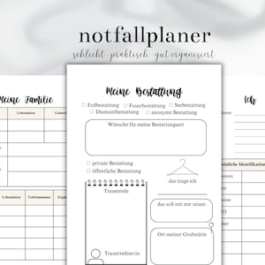 Könnte beinhalten: Ein schwarz-weißer druckbarer Planer mit dem Titel "Notfallplaner". Der Planer ist in drei Abschnitte unterteilt: "Meine Familie", "Meine Bestattung" und "Ich". Der Planer enthält Abschnitte für persönliche Informationen, Bestattungsvorkehrungen und Wünsche für die Bestattung.