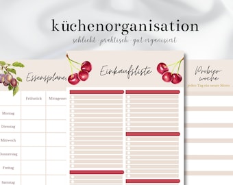 May include: A printable kitchen organization planner with three sections: a weekly meal planner, a grocery list, and a "try this week" section. The planner features a cherry and plum design with a light pink background.