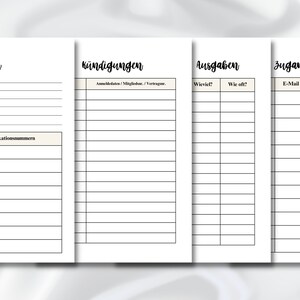 Puede incluir: Una p&aacute;gina de planificador imprimible con cuatro secciones: "Ich", "K&uuml;ndigungen", "Ausgaben" y "Zugangsdaten". Cada secci&oacute;n tiene una tabla con encabezados para informaci&oacute;n personal, como nombre, fecha de nacimiento y direcci&oacute;n.