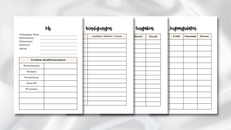 Puede incluir: Una p&aacute;gina de planificador imprimible con cuatro secciones: "Ich", "K&uuml;ndigungen", "Ausgaben" y "Zugangsdaten". Cada secci&oacute;n tiene una tabla con encabezados para informaci&oacute;n personal, como nombre, fecha de nacimiento y direcci&oacute;n.