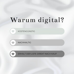 Puede incluir: Fondo blanco con el texto "Warum digital?" en negro. Tres botones con corazones y texto: "Kosteng&uuml;nstig", "Nachhaltig" y "Erh&auml;lt der Liste direkt nach Kauf".