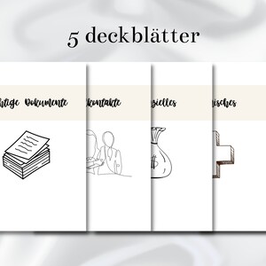 Puede incluir: Cinco hojas de portada imprimibles para una carpeta o un cuaderno. Las portadas presentan dibujos lineales simples de una pila de papeles, dos personas d&aacute;ndose la mano, una bolsa de dinero, una cruz y una l&iacute;nea de ritmo card&iacute;aco.